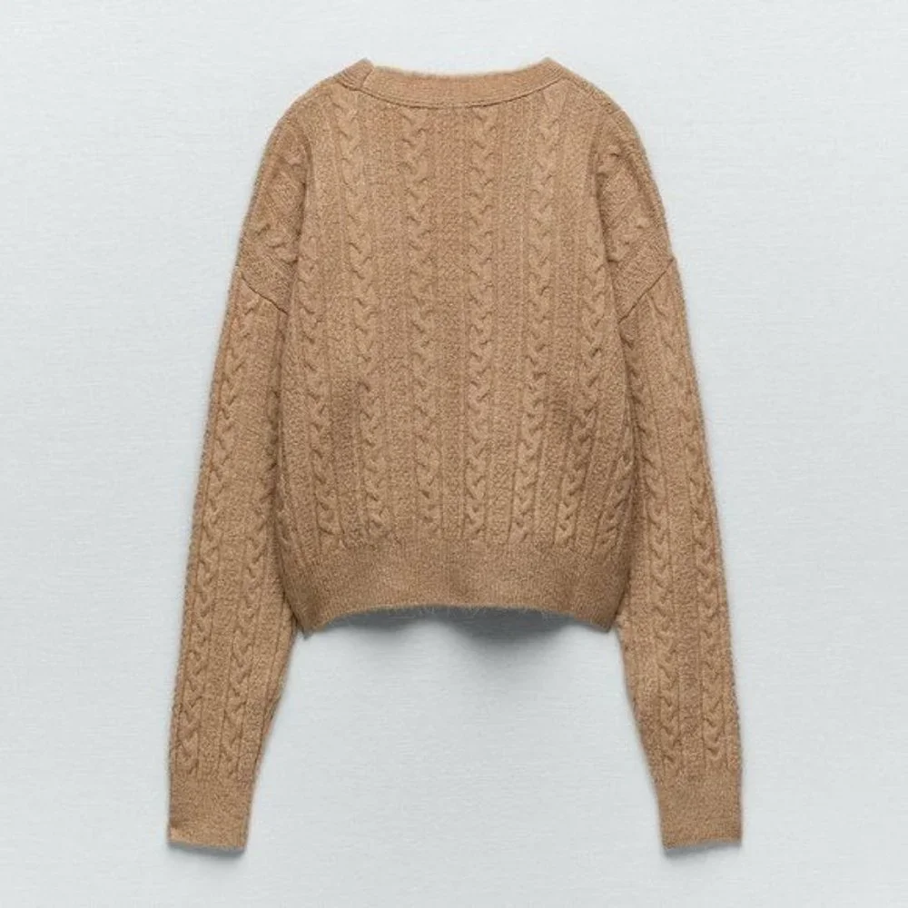 Zara Cable Knit Button Cropped Long Sleeve Cardigan Sweater Camel Tan - Picture 2 of 7